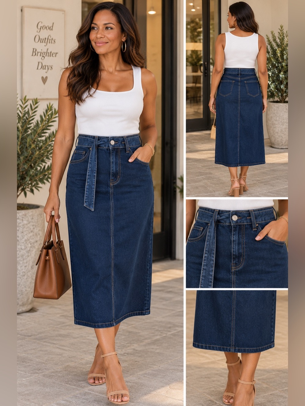 Zara Dark Wash Denim Belted Midi Skirt Size Large NWT